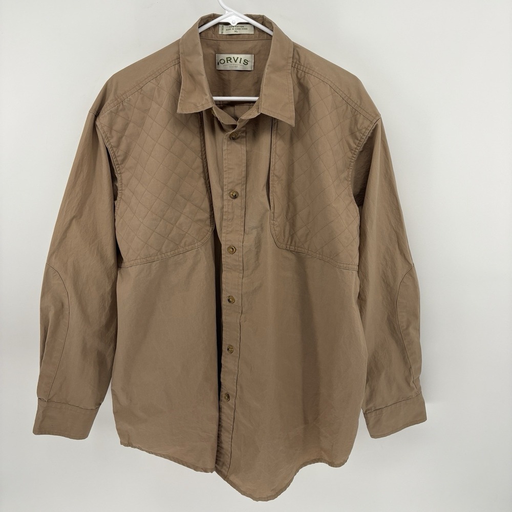 VTG Orvis Button Shirt Mens XL‎ Beige Quilted Shooting Padded Shoulder Hunting